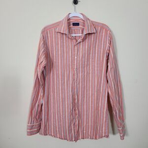 Proper Cloth Coral and Blue Multi Stripe Cotton Linen Oxford Long Sleeve‎